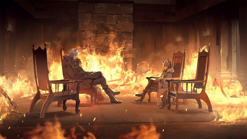 1boy 1girl animal_ears arknights artist_request boots burning chair chimney cloak crossed_legs earmuffs fire flame fox_ears full_body fur_coat fur_trim grey_hair headphones high_heels highres indoors jacket official_art orange_hair pants ratatoskr_browntail_(arknights) serious silverash_(arknights) sitting