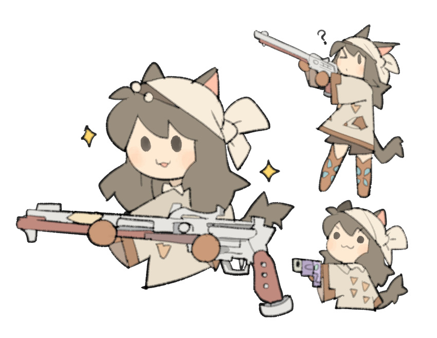 &gt;:) 1girl :3 ? animal_ears avatar_(ff14) bandana brown_hair cat_ears cat_tail chibi gloves gun highres indie_virtual_youtuber machinist_(final_fantasy) miqo'te rifle sparkle tail temmie_chang temmie_chang_(character) tunic v-shaped_eyebrows weapon white_background