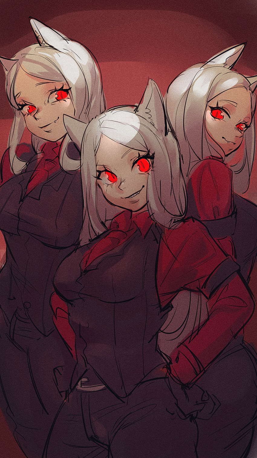 3girls animal_ears belt black_belt black_pants cerberus_(helltaker) demon_girl hands_on_hips helltaker highres long_hair multiple_girls pants red_eyes red_shirt shirt smug white_hair