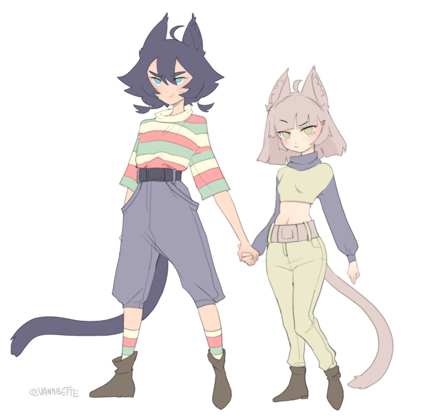 1boy 1girl absurdres animal_ears cat_boy cat_ears cat_girl cat_tail couple crop_top hetero highres holding_hands long_sleeves miyu_(vanabette) navel original shirt shorts stomach striped striped_legwear striped_shirt tail vanabette