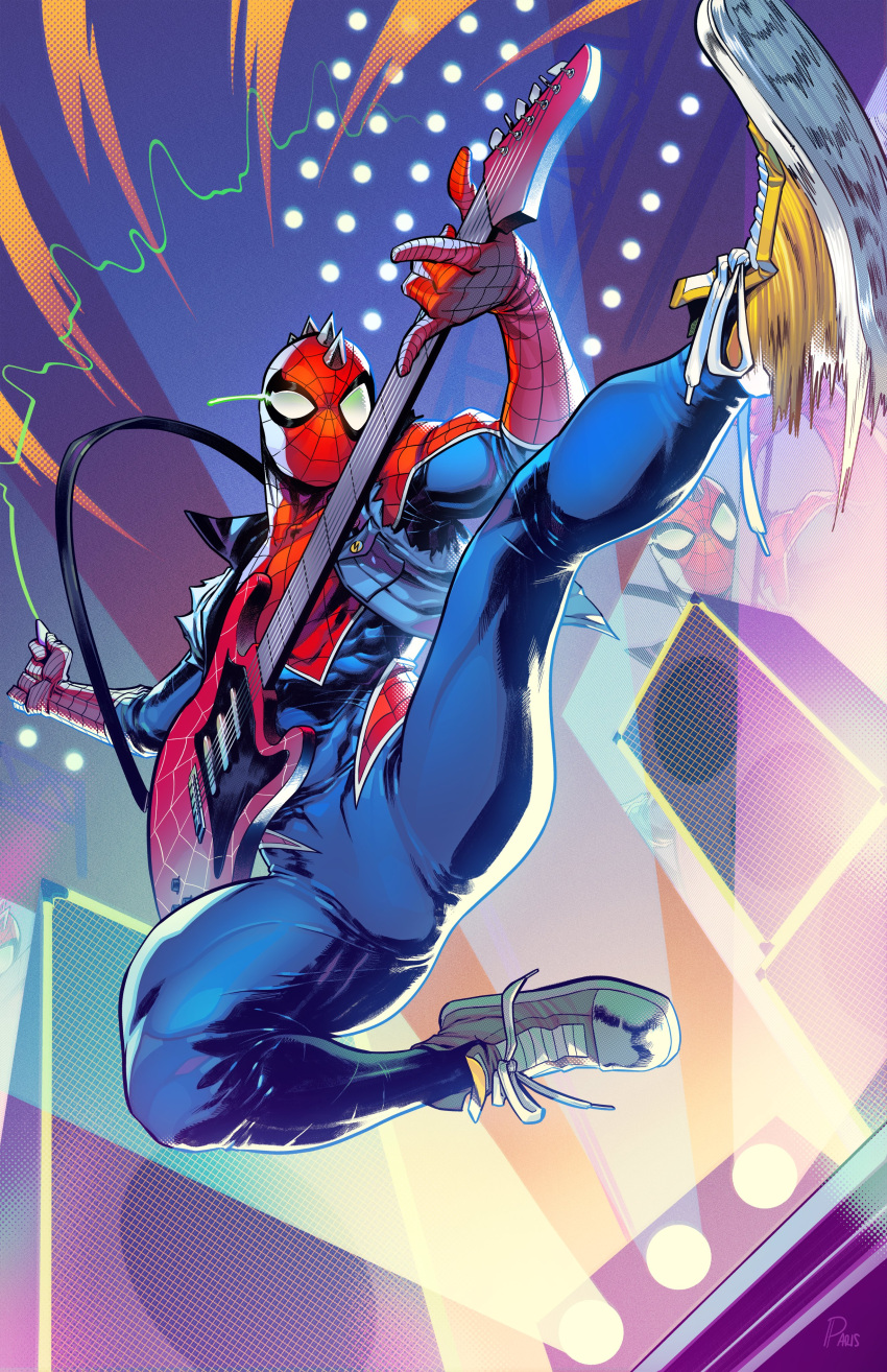 1boy absurdres blue_bodysuit bodysuit cropped_jacket electric_guitar guitar highres holding holding_instrument holding_plectrum instrument jacket male_focus marvel music open_clothes open_jacket parisalleyne playing_instrument plectrum red_bodysuit solo spider-man_(series) spider-punk spider_web_print spikes torn_jacket two-tone_bodysuit