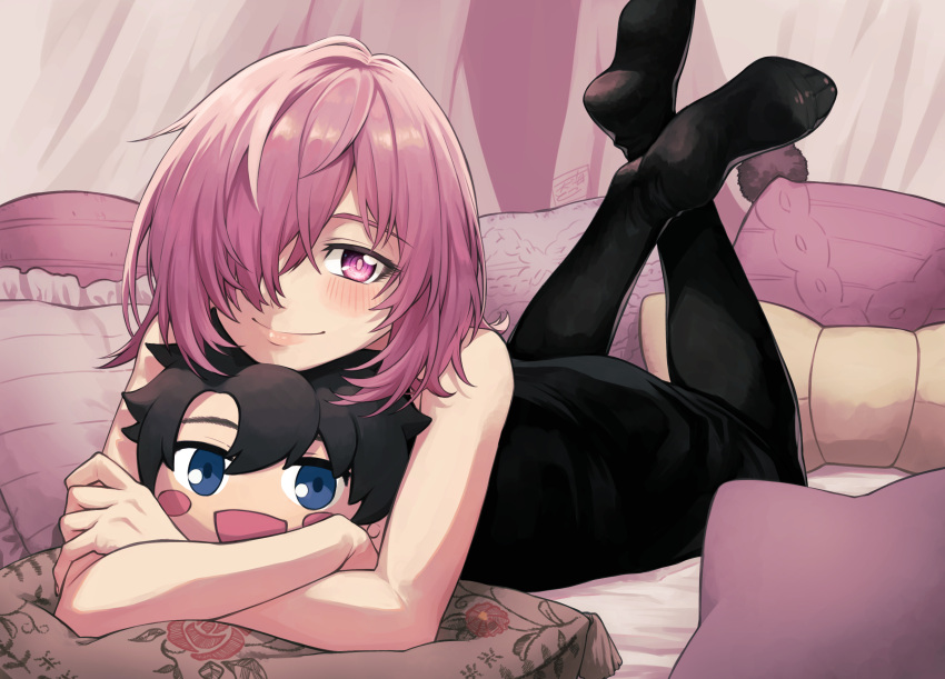 1girl absurdres amami_tokko black_dress black_legwear blush character_pillow closed_mouth commentary_request dress fate/grand_order fate_(series) fujimaru_ritsuka_(male) hair_over_one_eye highres light_purple_hair lips looking_at_viewer lying mash_kyrielight object_hug on_bed one_eye_covered pantyhose pillow pink_lips short_hair signature smile solo violet_eyes