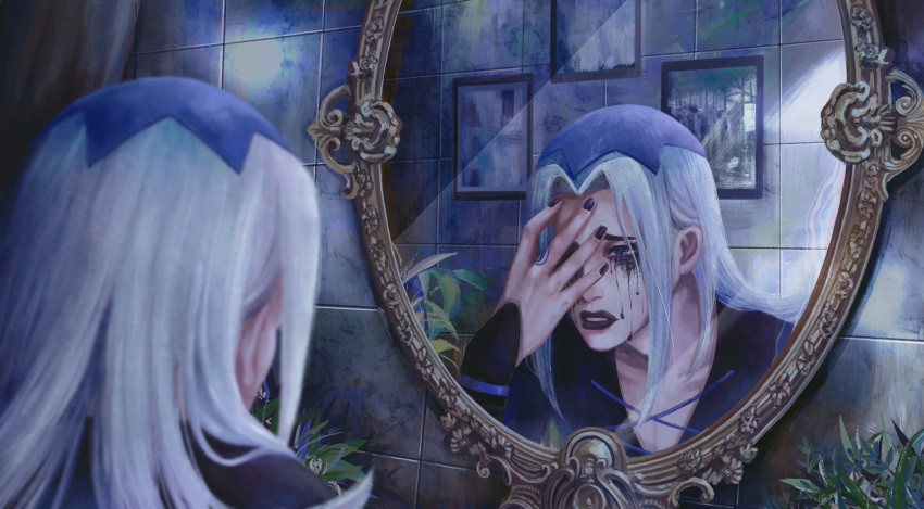 1boy absurdres bangs black_lips clothing_cutout covering_one_eye cross-laced_cutout crying dripping from_behind hand_on_own_face hat highres jojo_no_kimyou_na_bouken koha_(xxkohaku) leone_abbacchio lipstick long_sleeves looking_at_mirror makeup male_focus mascara mirror nail_polish parted_bangs picture_(object) plant reflection runny_makeup shirt sleeves_past_wrists tears tile_wall tiles vento_aureo violet_eyes white_shirt