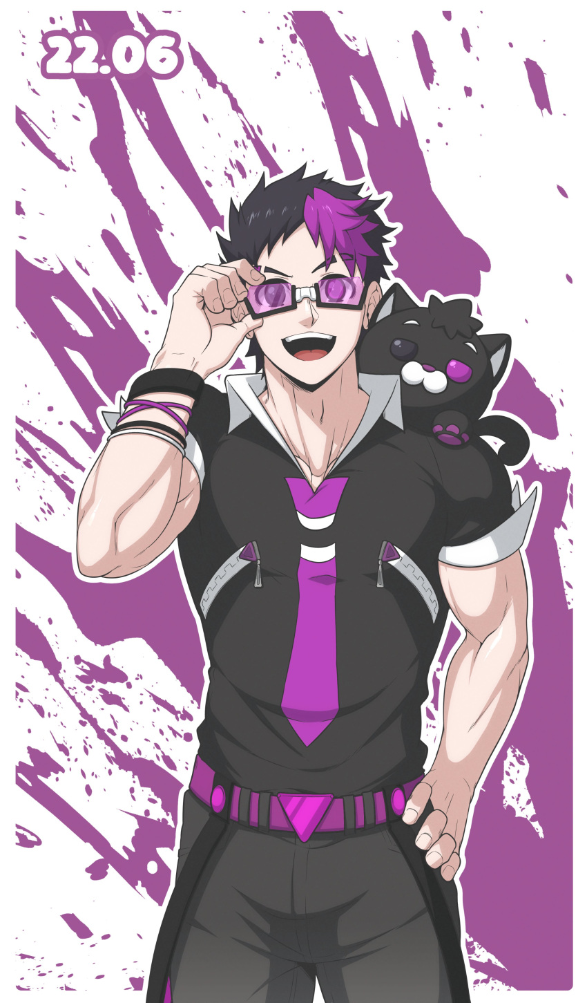1boy absurdres belt biceps black_hair bracelet collared_shirt glasses hand_on_hip heterochromia highres inunekostudio jewelry male_focus mature_male multicolored_hair muscular muscular_male open_mouth original pants purple_hair shirt short_sleeves solo spiky_hair stuffed_toy teeth tight tongue