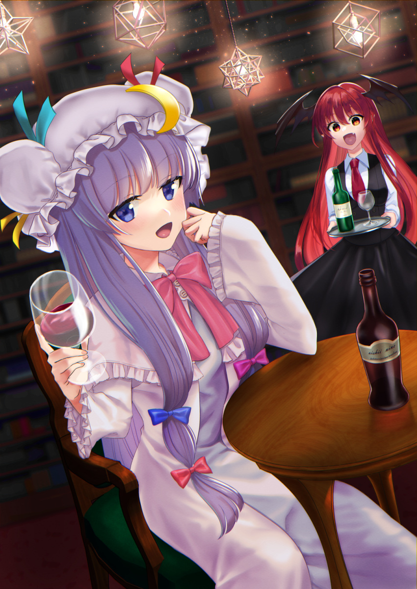 2girls :d akira_(salmo-tora-ke) alcohol bangs black_vest blue_bow blue_ribbon blunt_bangs blush book bookshelf bottle bow breasts candle capelet chair crescent crescent_hat_ornament cup double_bun dress drinking_glass dutch_angle frills hair_bow hair_bun hair_ribbon hat hat_ornament hat_ribbon head_wings highres holding holding_cup indoors koakuma long_hair long_sleeves mob_cap multiple_girls necktie open_mouth patchouli_knowledge puffy_sleeves purple_dress purple_hair red_bow red_eyes red_ribbon redhead ribbon robe shirt sitting skirt skirt_set smile striped striped_dress table tea teacup teapot touhou tress_ribbon vertical_stripes very_long_hair vest violet_eyes white_shirt wine_glass wings