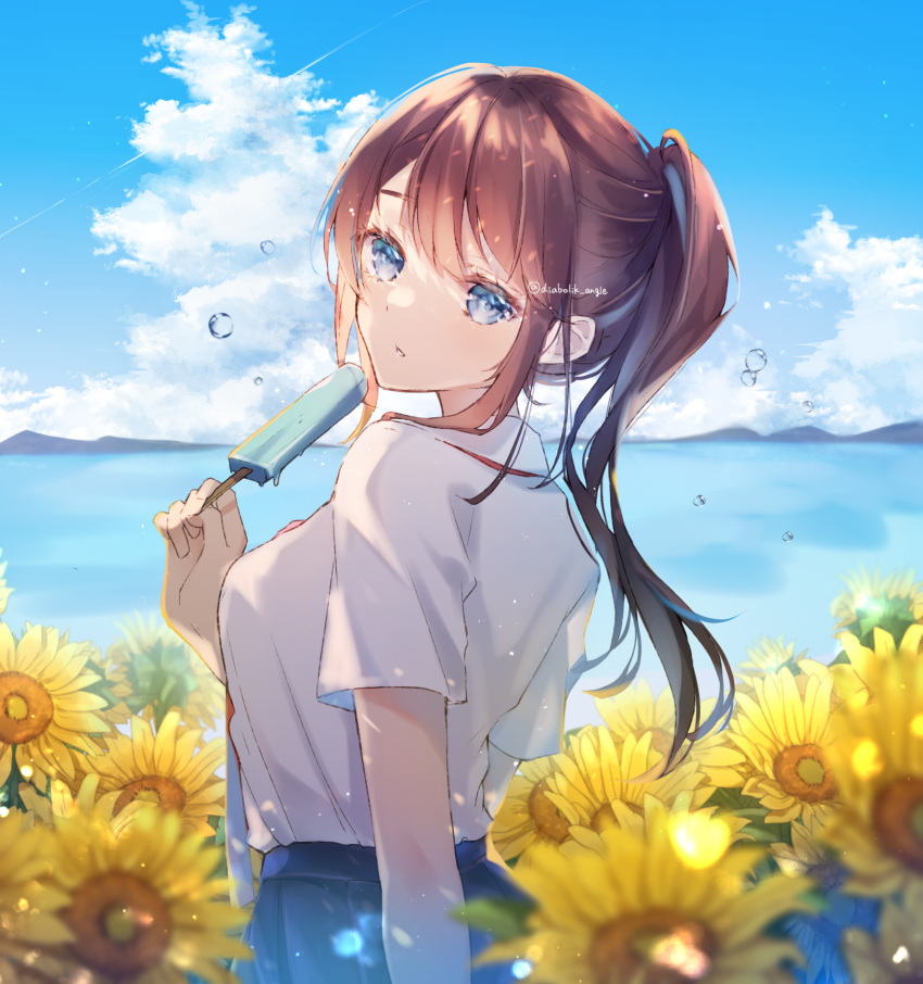 1girl bangs blue_eyes blue_skirt blue_sky breasts brown_hair bubble clouds cloudy_sky commentary flower food hair_over_shoulder hand_up highres holding holding_food long_hair looking_at_viewer looking_back mountain original parted_lips ponytail popsicle ragi_(diabolik_angle) school_uniform shirt shirt_tucked_in short_sleeves skirt sky small_breasts solo sunflower symbol-only_commentary twitter_username upper_body water white_shirt