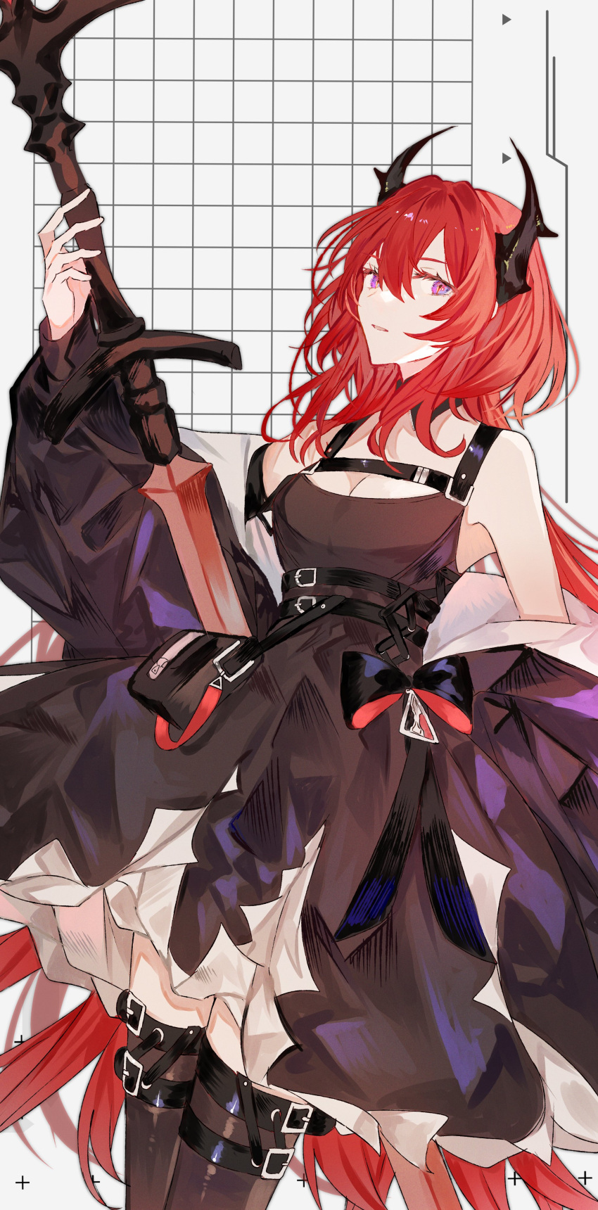1girl absurdres arknights bag bare_shoulders black_dress chest_strap cowboy_shot cross cross_necklace demon_horns dress hair_intakes highres holding holding_sword holding_weapon horns jewelry necklace red_legwear redhead ribbon roji_(roji_xx) simple_background surtr_(arknights) sword violet_eyes weapon white_background
