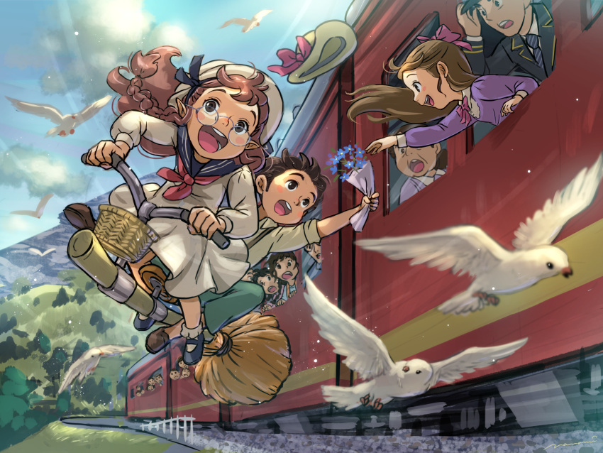 3boys 5girls animal bird black_hair blue_sailor_collar blush_stickers bouquet bow braid broom broom_riding brown_hair child clouds day dove dress flower flying foreshortening glasses ground_vehicle hair_bow hat hat_bow highres motion_lines mountain multiple_boys multiple_girls nanami_tomorou necktie old old_woman open_mouth original outdoors people pigeon pointy_ears purple_bow round_eyewear round_teeth sailor_collar striped_necktie suspenders teeth train tree uniform white_dress white_headwear