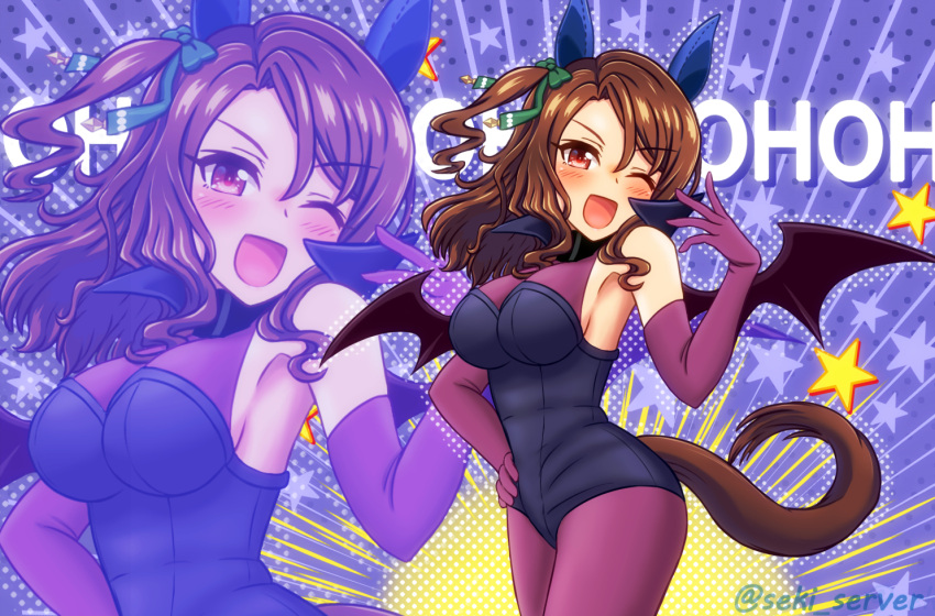 1girl alternate_costume animal_ears armpits breasts brown_hair commentary_request cosplay demon_girl demon_wings horse_ears horse_girl horse_tail king_halo_(umamusume) looking_at_viewer medium_breasts medium_hair one_eye_closed open_mouth red_eyes seki_(hyokosho) solo tail translation_request umamusume wings