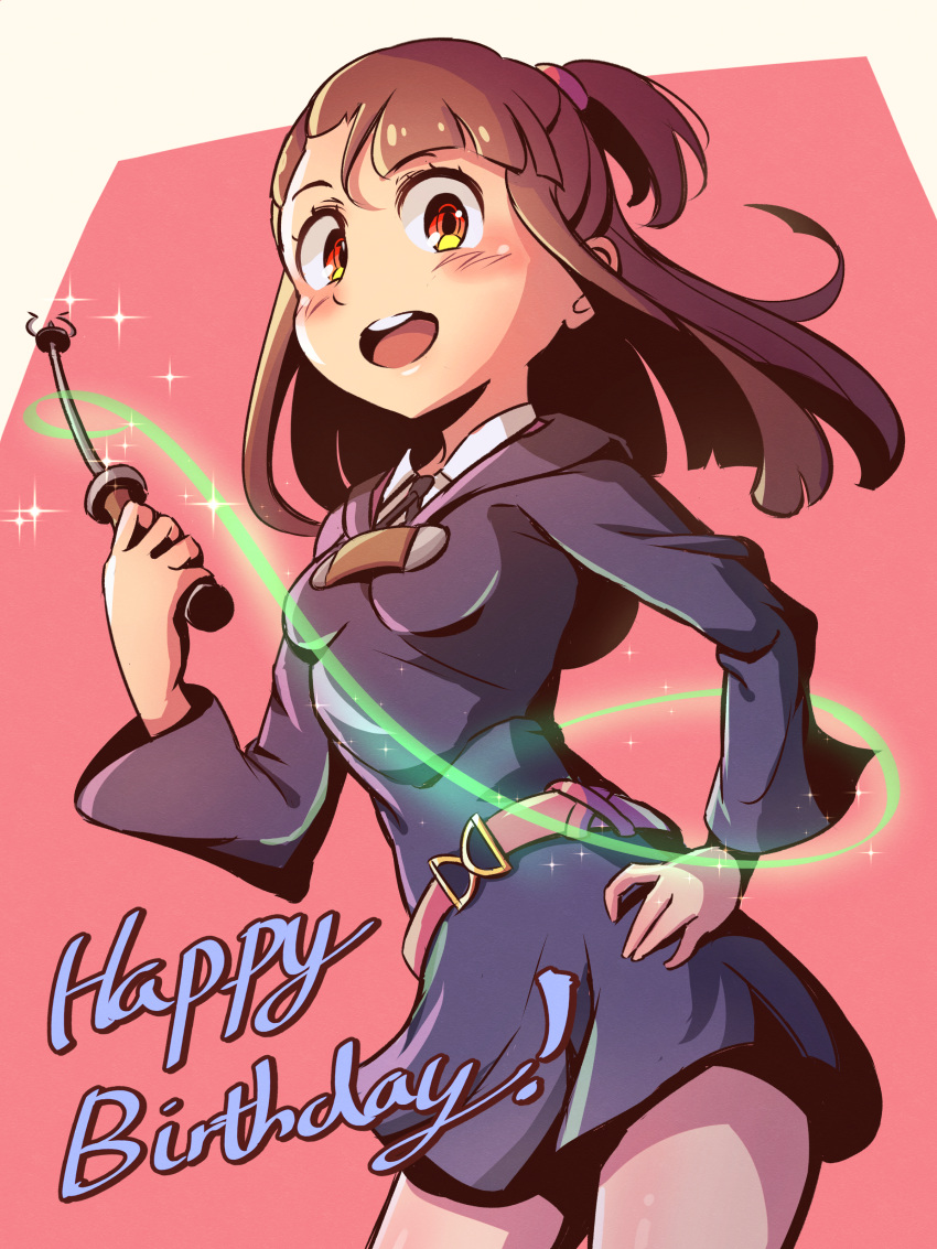 1girl absurdres bangs blue_dress blunt_bangs breasts brown_hair commentary_request cowboy_shot dress hand_on_hip hand_up happy_birthday highres holding holding_wand kagari_atsuko little_witch_academia long_hair long_sleeves looking_at_viewer luna_nova_school_uniform madabau multicolored_background open_mouth orange_eyes pink_background school_uniform small_breasts smile solo sparkle standing wand white_background