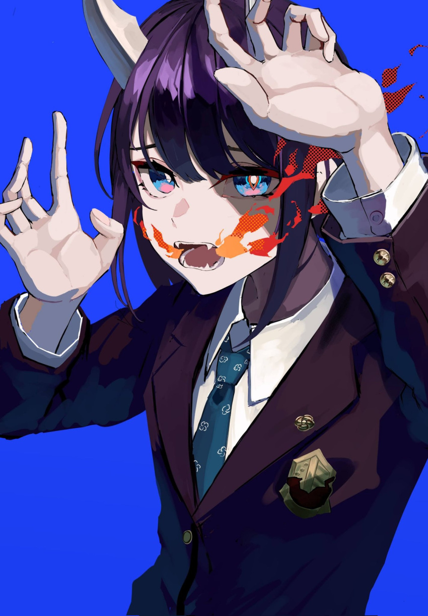 1girl aoki_ruri arm_up bangs blazer blue_background blue_eyes blue_necktie breathing_fire bright_pupils buttons claw_pose collared_shirt dragon_girl dragon_horns emblem fangs fire hand_up highres horns jacket long_sleeves looking_at_viewer medium_hair multicolored_eyes necktie ninjin_genjin open_mouth parted_bangs pink_eyes purple_hair ruri_dragon school_uniform shirt simple_background slit_pupils solo swept_bangs upper_body white_pupils white_shirt