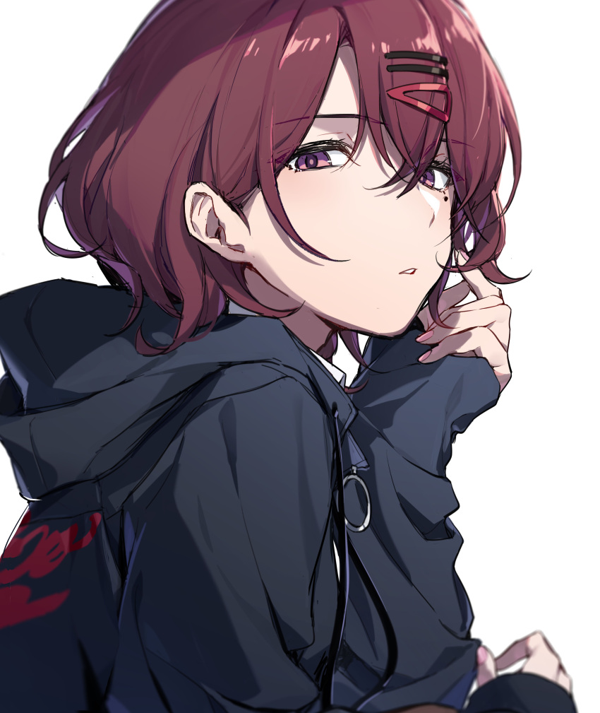 1girl absurdres arm_up brown_hair from_side hair_between_eyes hair_ornament hairclip highres higuchi_madoka hood hood_down idolmaster idolmaster_shiny_colors long_sleeves looking_at_viewer looking_to_the_side mole mole_under_eye oyo_hitsuji parted_lips playing_with_own_hair short_hair simple_background solo sweatshirt upper_body violet_eyes white_background