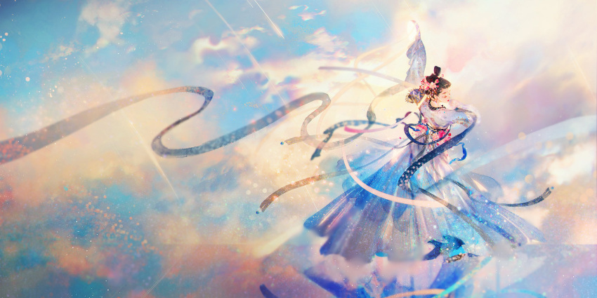 1girl arm_up black_hair closed_eyes closed_mouth clouds cloudy_sky dancing dress flower full_body hair_bun long_sleeves mian_lang original reflective_floor sky solo sparkle