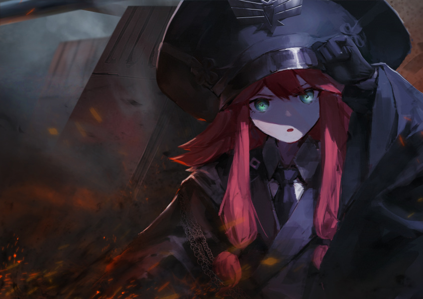 1girl absurdres ash_arms black_gloves black_headwear black_necktie embers gloves glowing glowing_eyes green_eyes hair_between_eyes hand_on_headwear hat highres hui_feng large_hat long_hair maus_(ash_arms) necktie open_mouth outdoors redhead smoke solo upper_body