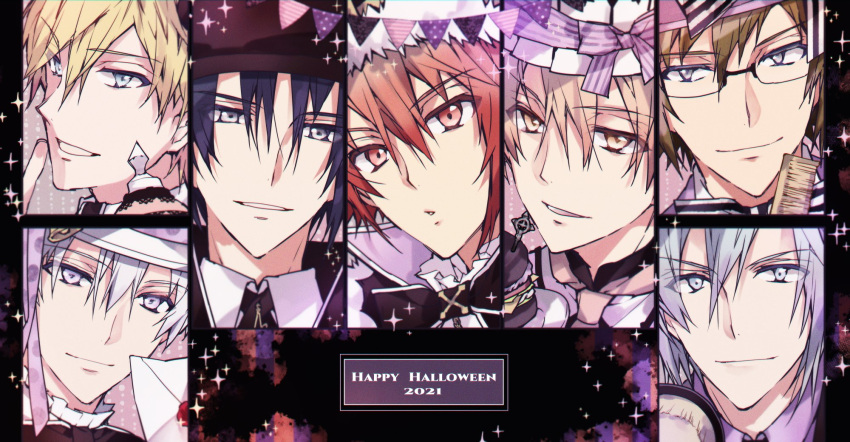 6+boys black_hair blonde_hair blue_eyes blue_hair green_eyes green_hair grey_eyes hair_between_eyes happy_halloween hat highres idolish_7 izumi_iori izumi_mitsuki letter light_smile looking_at_viewer male_focus multiple_boys nanase_riku nikaido_yamato orange_hair osaka_sougo red_eyes redhead rokuya_nagi short_hair smile tanemura_arina violet_eyes white_hair yotsuba_tamaki