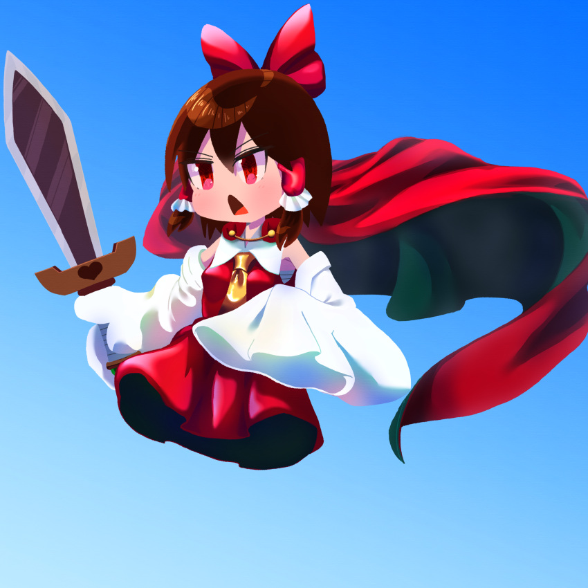 1girl absurdres ascot bangs blue_background bow breasts brown_hair cape commentary_request cookie_(touhou) detached_sleeves dress frilled_hair_tubes frills full_body gradient gradient_background hair_bow hair_tubes hakurei_reimu heart highres holding holding_sword holding_weapon open_mouth psychic_parrot red_bow red_cape red_dress red_eyes sakenomi_(cookie) sarashi short_hair sidelocks sleeveless sleeveless_dress sleeves_past_fingers sleeves_past_wrists small_breasts solo sword touhou weapon white_sleeves wide_sleeves yellow_ascot