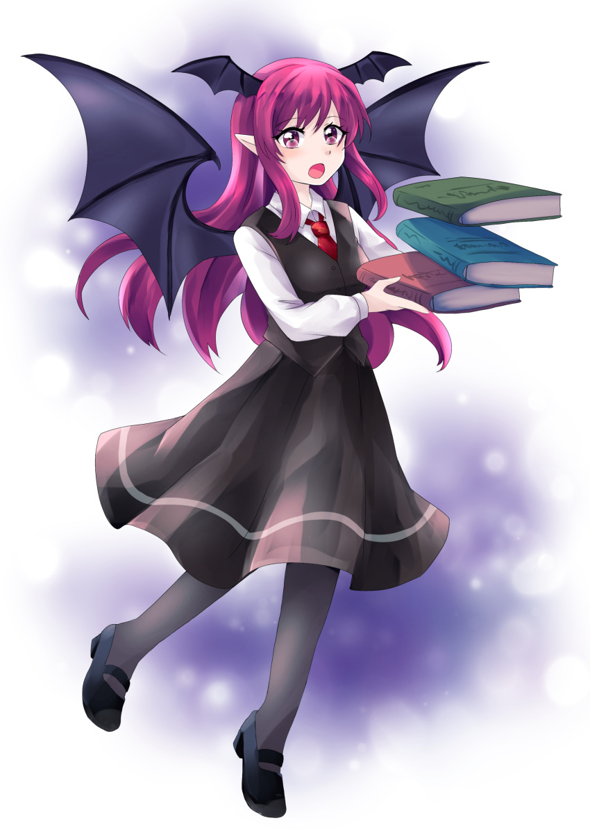 1girl :o absurdres bat_wings black_footwear black_legwear book breasts full_body hajimakura head_wings highres holding holding_book koakuma long_hair long_sleeves mary_janes necktie open_book open_mouth pantyhose pointy_ears red_necktie redhead shirt shoes skirt solo touhou very_long_hair vest white_shirt wings