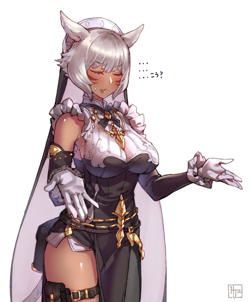 1girl absurdres animal_ears blush breasts cat_ears closed_eyes commentary_request cosplay dark-skinned_female dark_skin detached_sleeves facepaint final_fantasy final_fantasy_xiv frills galleon_(granblue_fantasy) galleon_(granblue_fantasy)_(cosplay) gloves granblue_fantasy highres hjz_(artemi) lips medium_breasts shiny shiny_skin short_hair solo sweatdrop translation_request white_gloves white_hair y'shtola_rhul
