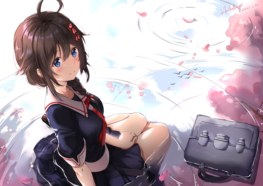 1girl absurdres ahoge bag black_serafuku black_shirt black_skirt blue_eyes braid brown_hair dated from_above hair_flaps hair_ornament hair_over_shoulder highres hokekiyo kantai_collection long_hair looking_to_the_side necktie partially_submerged petals pleated_skirt red_necktie sailor_collar sailor_shirt school_bag school_uniform serafuku shigure_(kancolle) shigure_kai_ni_(kancolle) shirt signature single_braid sitting skirt solo
