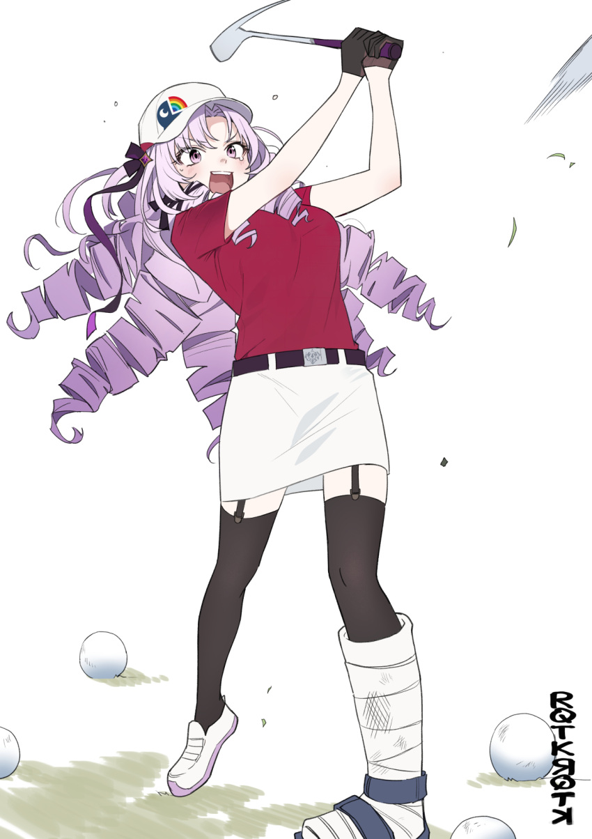 1girl :d artist_name drill_hair garter_straps golf golf_club hair_ribbon hat highres hyakumantenbara_salome long_hair nijisanji purple_hair purple_ribbon red_shirt ribbon rqtkrqtk shirt shoes short_sleeves simple_background skirt smile solo standing thigh-highs virtual_youtuber white_background white_footwear white_headwear white_skirt