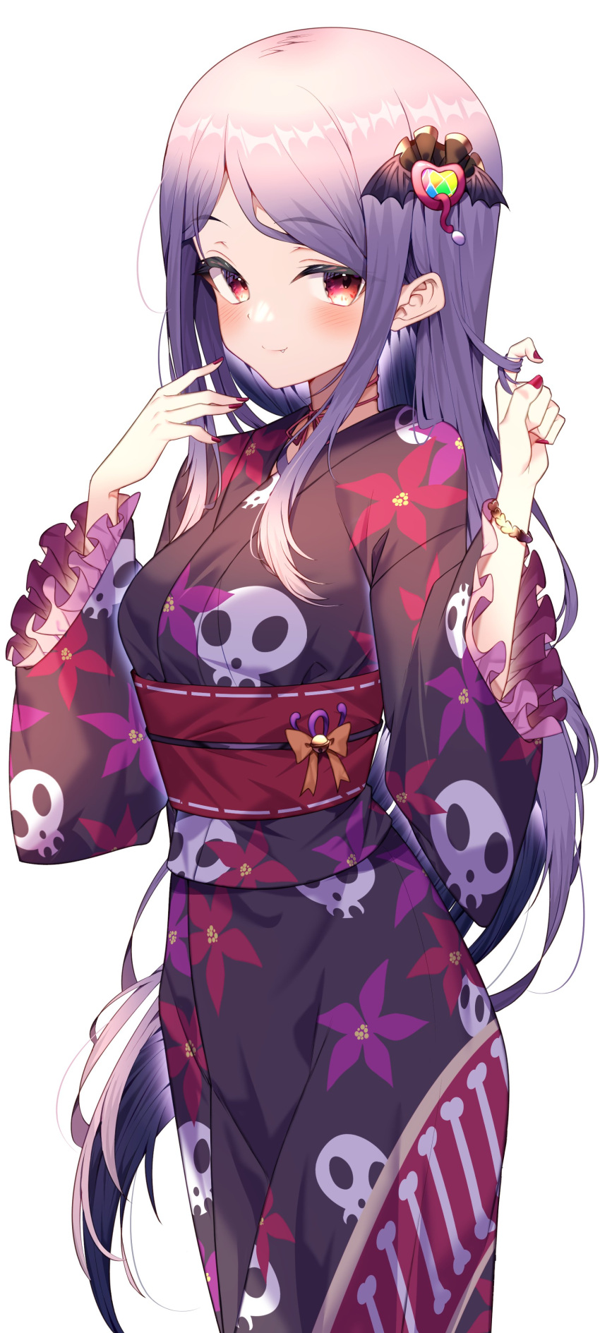 1girl absurdres bat_hair_ornament black_kimono bone_print closed_mouth commission fang floral_print hair_ornament hand_in_own_hair highres japanese_clothes jun_(aousa0328) kimono long_hair long_sleeves looking_at_viewer original purple_hair red_eyes red_nails sash simple_background skeb_commission skull_print smile solo standing white_background wide_sleeves yukata