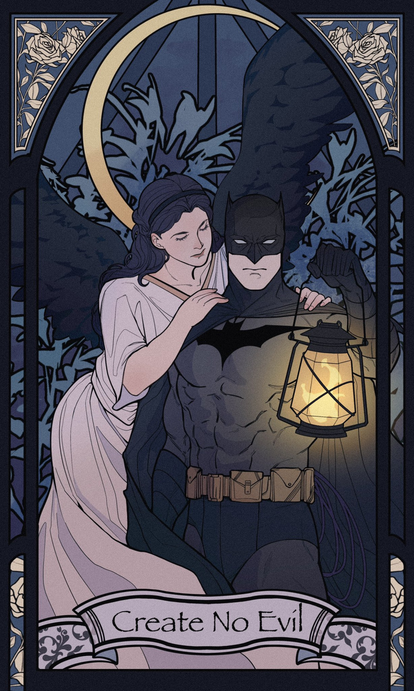 1boy 1girl angel angel_wings batman batman_(series) belt black_cape black_gloves black_hair black_wings bodysuit bruce_wayne cape closed_eyes closed_mouth covered_abs dc_comics dress english_text feathered_wings frieda_li gloves grey_bodysuit hairband highres holding holding_lamp lamp large_pectorals long_hair mask muscular muscular_male pectorals white_dress wings