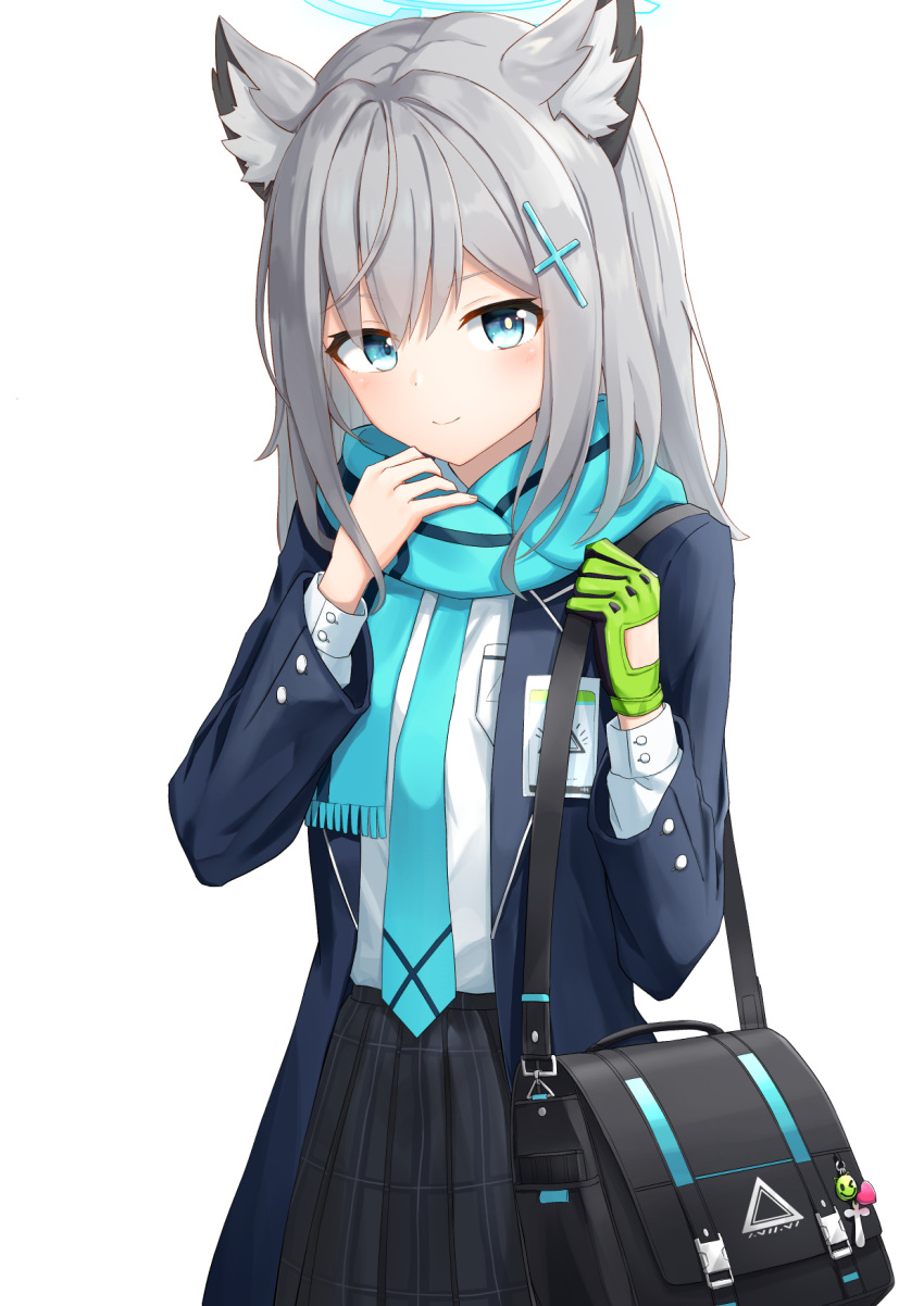 1girl animal_ear_fluff animal_ears asymmetrical_gloves bag bangs blue_archive blue_coat blue_eyes blue_scarf blush breast_pocket cat_ears closed_mouth coat cross_hair_ornament gloves green_gloves grey_hair grey_skirt hair_between_eyes hair_ornament highres holding holding_bag long_hair long_sleeves looking_at_viewer open_clothes open_coat plaid plaid_skirt pleated_skirt pocket reito_(o_o) scarf shiny shiny_hair shiroko_(blue_archive) shirt simple_background single_glove skirt smile solo standing white_background white_shirt
