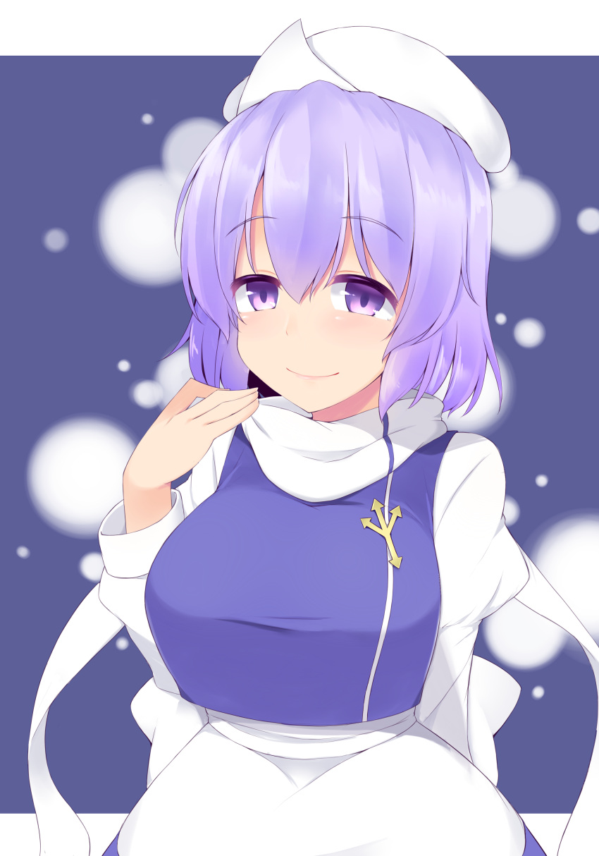 1girl absurdres bangs breasts closed_mouth garasuita highres large_breasts letty_whiterock looking_at_viewer polearm purple_hair purple_vest scarf short_hair smile solo touhou trident upper_body vest violet_eyes weapon white_headwear white_scarf