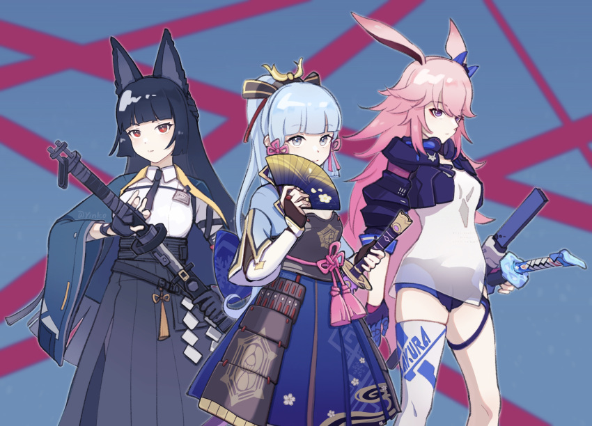 3girls absurdres animal_ears armor bangs black_gloves black_hair black_jacket black_necktie black_shorts blue_background blue_eyes blue_hair cat_ears character_request closed_mouth collared_shirt company_connection crossover fingerless_gloves fox_ears genshin_impact gloves highres holding holding_sword holding_weapon honkai_(series) honkai_impact_3rd jacket japanese_armor kamisato_ayaka katana mihoyo_technology_(shanghai)_co._ltd. multiple_girls necktie pink_hair ponytail red_eyes see-through see-through_shirt sheath sheathed shirt shorts single_glove single_thighhigh sword thigh-highs violet_eyes weapon white_legwear white_shirt yae_sakura yae_sakura_(goushinnso_memento) yinkooo zenless_zone_zero