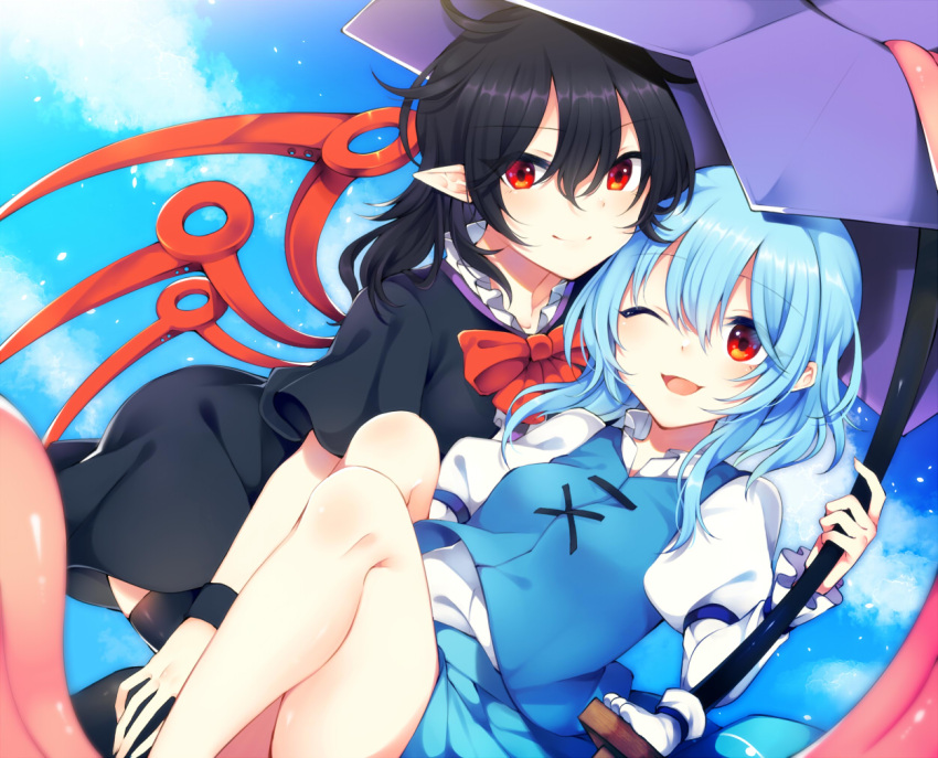 2girls asymmetrical_wings bangs black_dress black_hair black_legwear blue_hair blue_skirt blue_sky blue_vest blush bow bowtie breasts buttons closed_mouth clouds cloudy_sky commentary_request dress eyes_visible_through_hair fingernails flying frills hair_between_eyes hand_up holding holding_umbrella houjuu_nue juliet_sleeves long_fingernails long_sleeves looking_at_viewer medium_breasts medium_hair multiple_girls one_eye_closed open_mouth pointy_ears puffy_sleeves red_bow red_bowtie red_eyes shirt short_hair short_sleeves skirt sky smile tama_(soon32281) tatara_kogasa thigh-highs touhou umbrella vest white_shirt wings wristband yuri