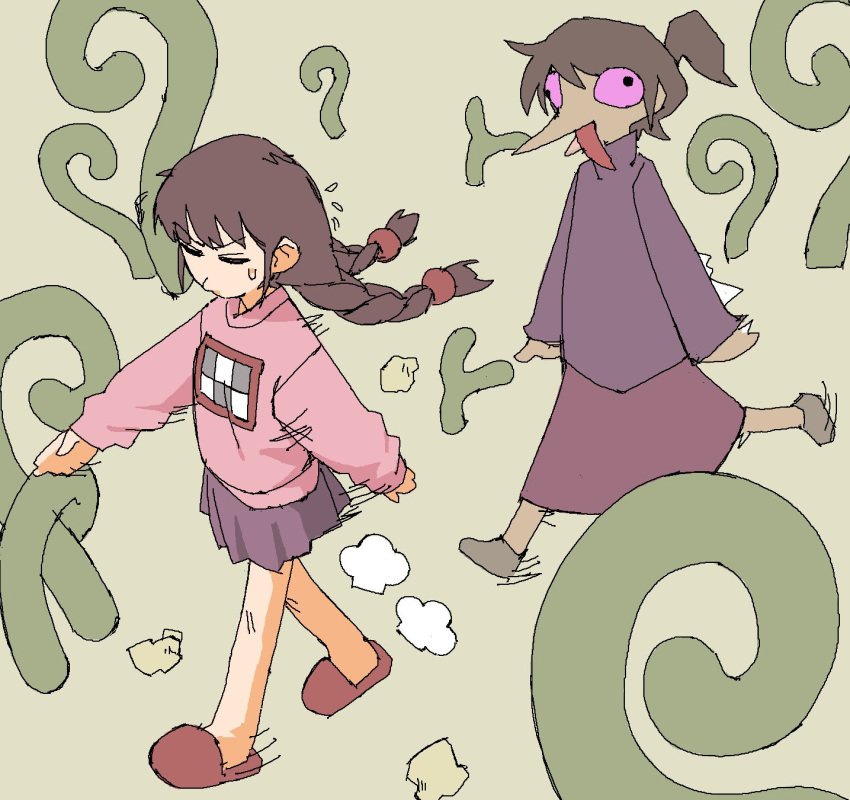 2girls 6_9 bangs braid brown_footwear brown_hair closed_eyes fleeing highres long_hair long_sleeves madotsuki multiple_girls no_socks pantsu-ripper pink_shirt pink_sweater purple_skirt red_footwear shirt shoes skirt sweater toriningen turtleneck turtleneck_sweater twin_braids yume_nikki