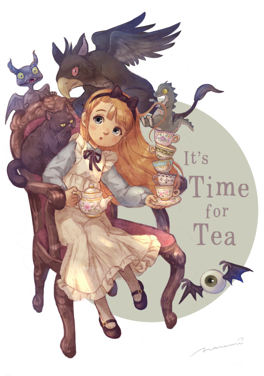 1girl :o alice_(alice_in_wonderland) alice_in_wonderland black_bow black_footwear blonde_hair blue_eyes blush bow cat chair cheshire_cat_(alice_in_wonderland) child cup disembodied_eye dress english_text griffin highres holding leaning_to_the_side long_hair looking_at_viewer nanami_tomorou shoes signature sitting teacup teapot white_dress