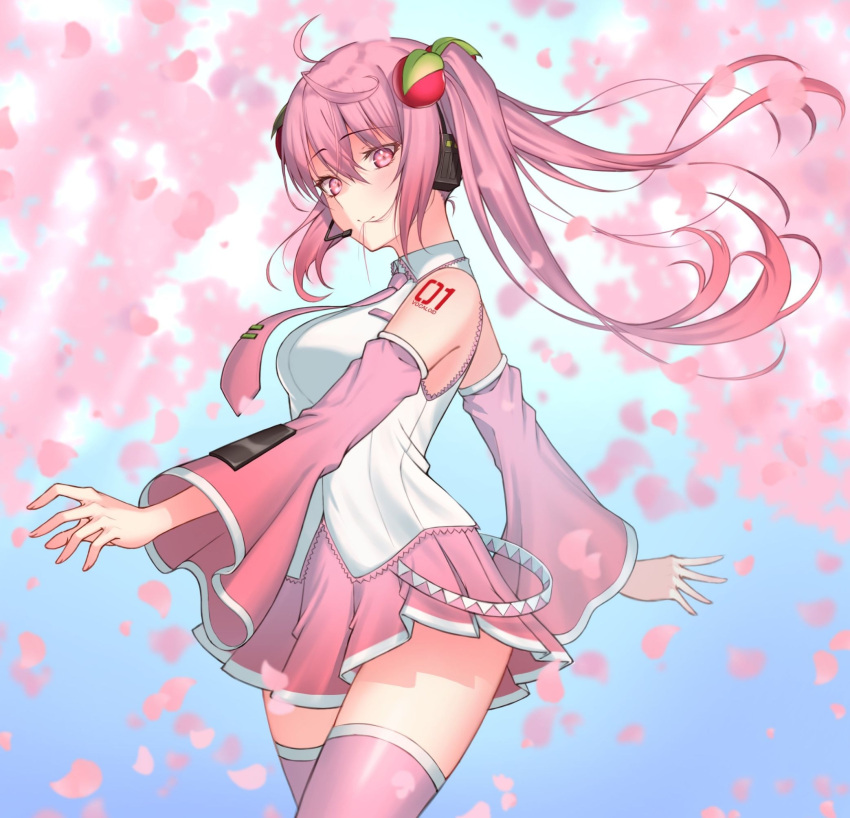 1girl ahoge cherry_blossoms collared_shirt cowboy_shot detached_sleeves floating_hair hair_ornament hatsune_miku headphones headset highres l4st_resort long_hair long_sleeves microphone miniskirt necktie pink_hair pink_legwear pink_necktie pink_skirt pink_sleeves pleated_skirt sakura_miku shirt skirt sleeveless sleeveless_shirt solo standing thigh-highs twintails vocaloid white_shirt wing_collar zettai_ryouiki