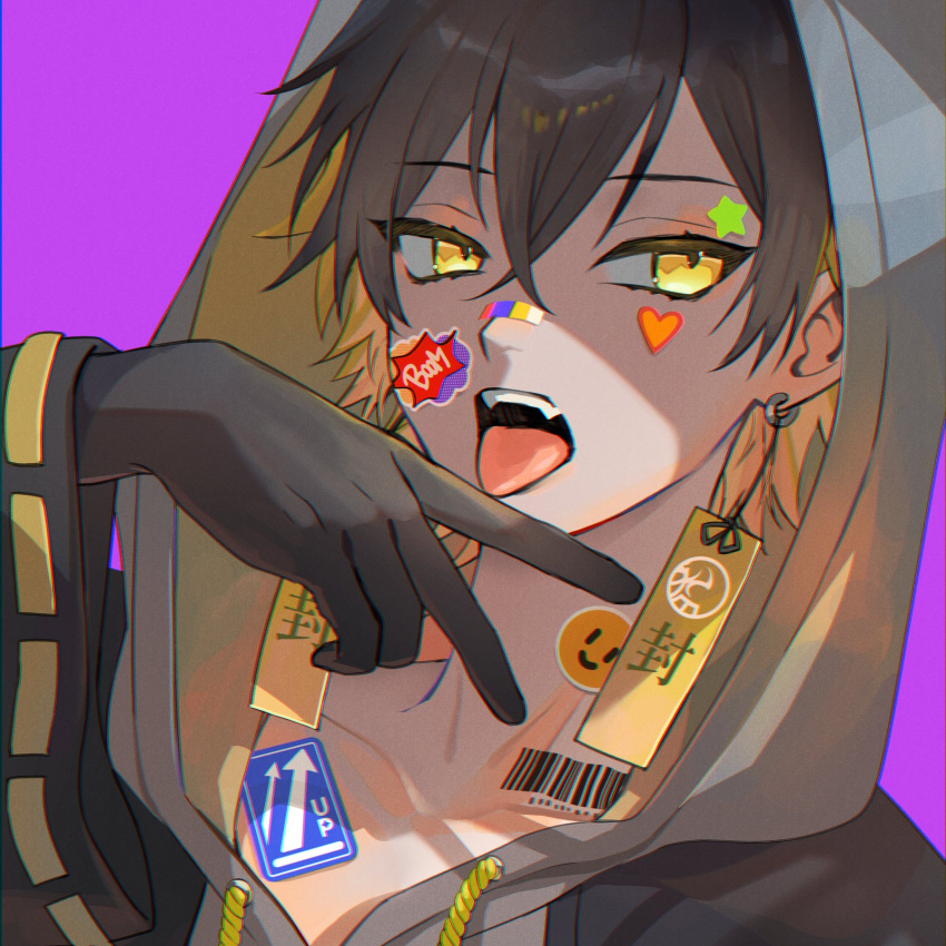 1boy bangs barcode barcode_tattoo black_gloves black_hair black_jacket blonde_hair crossed_bangs drawstring earrings fangs gloves grey_hoodie hair_between_eyes heart highres holostars hood hood_up hoodie isaru jacket jewelry looking_at_viewer male_focus multicolored_hair neck_tattoo open_mouth portrait purple_background short_hair sideways_glance simple_background solo star_(symbol) sticker sticker_on_face tattoo teeth tongue tongue_out two-tone_hair upper_teeth v virtual_youtuber yatogami_fuma yellow_eyes