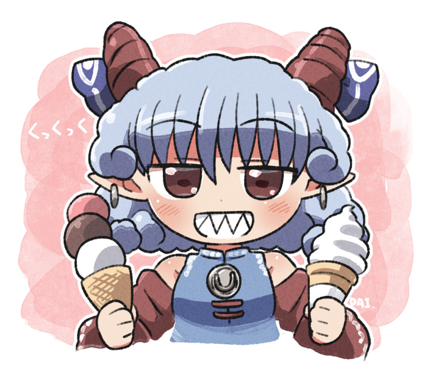 1girl bare_shoulders blue_dress blue_ribbon blush detached_sleeves dress earrings food grin holding holding_food horn_ornament horn_ribbon horns ice_cream jewelry pointy_ears red_eyes red_horns red_sleeves ribbon rokugou_daisuke sharp_teeth sheep_horns short_hair signature smile solo teeth touhou toutetsu_yuuma white_hair