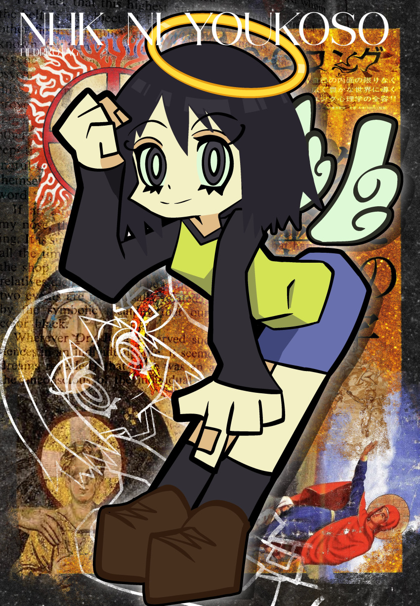 1girl absurdres angel angel_wings black_eyes black_hair black_sleeves black_socks blue_shorts bright_pupils brown_shoes closed_mouth copyright_name halo hand_on_own_head hedprotag highres looking_at_viewer nakahara_misaki nhk_ni_youkoso! outer_glow panty_&_stocking_with_garterbelt parody shirt shoes short_hair shorts smile socks solo style_parody thick_lineart white_pupils wings yellow_shirt