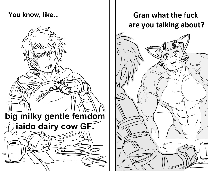 1boy 1other absurdres bb_(baalbuddy) breaking_bad cup english_text fork gauntlets gran_(granblue_fantasy) granblue_fantasy greyscale highres holding holding_fork meme monochrome muscular parody simple_background sitting vyrn_(granblue_fantasy) white_background