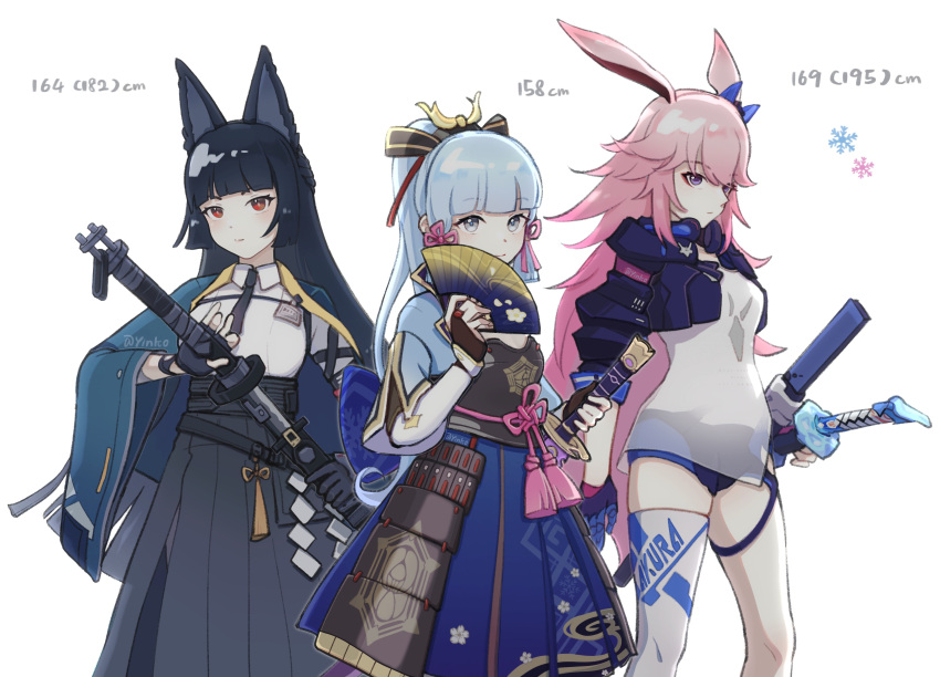 3girls absurdres animal_ears armor bangs black_gloves black_hair black_jacket black_necktie black_shorts blue_eyes blue_hair cat_ears character_request closed_mouth collared_shirt company_connection crossover fingerless_gloves fox_ears genshin_impact gloves highres holding holding_sword holding_weapon honkai_(series) honkai_impact_3rd jacket japanese_armor kamisato_ayaka katana mihoyo_technology_(shanghai)_co._ltd. multiple_girls necktie pink_hair ponytail red_eyes see-through see-through_shirt sheath sheathed shirt shorts simple_background single_glove single_thighhigh sword thigh-highs violet_eyes weapon white_background white_legwear white_shirt yae_sakura yae_sakura_(goushinnso_memento) yinkooo zenless_zone_zero