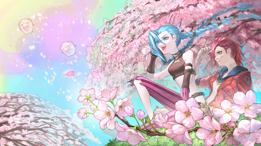 2girls ahoge arcane:_league_of_legends arcane_jinx arcane_vi arm_strap arm_support arm_tattoo asymmetrical_hair asymmetrical_legwear bandaged_arm bandages blue_eyes blurry blurry_background braid branch breasts cherry_blossoms closed_mouth clouds commentary_request crop_top depth_of_field detached_sleeves falling_petals fang flower from_below from_side grass halter_top halterneck hand_up highres hood hoodie jacket jinx_(league_of_legends) knee_up league_of_legends light_blue_hair looking_to_the_side multicolored_clothes multicolored_hoodie multiple_girls neck_tattoo on_ground open_clothes open_jacket open_mouth pants perspective petals pink_flower poro_(league_of_legends) purple_hoodie rayn87250715 red_jacket redhead single_sidelock sitting sky small_breasts smile tattoo teeth tongue tree twin_braids twintails uneven_legwear vi_(league_of_legends) white_hoodie wind