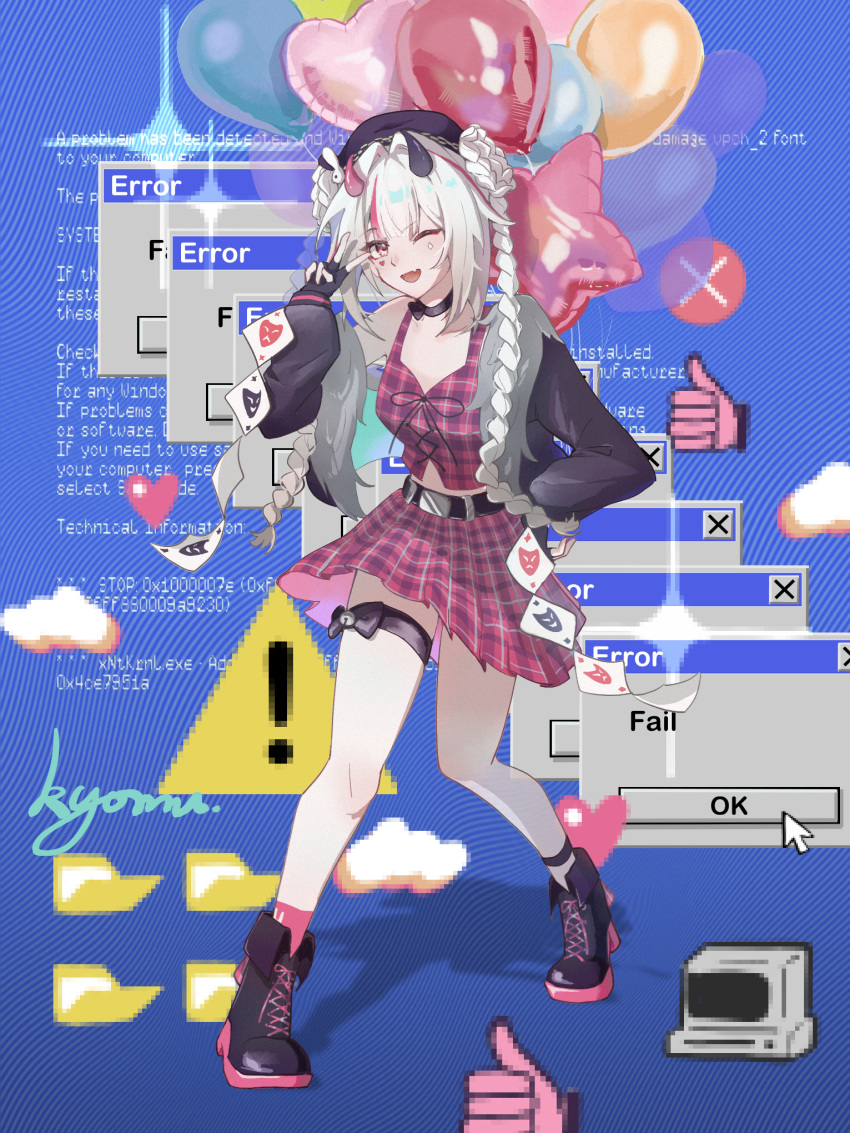 1girl asymmetrical_horns balloon belt black_belt black_boots black_gloves blue_background boots braid breasts butterfly-shaped_pupils checkered_clothes chinese_commentary choker commentary_request crop_top danmaku_comments diamond_(shape) diamond_facial_mark diamond_on_cheek error_message facial_mark fang fingerless_gloves full_body fur-trimmed_jacket fur_trim gloves hand_on_own_hip hat hat_chain hat_ornament heart heart_facial_mark highres honkai:_star_rail honkai_(series) horns jacket leg_warmers long_hair looking_at_viewer mismatched_horns multicolored_hair official_alternate_costume official_art_inset one_eye_closed pink_horns pink_socks pink_tank_top plaid_clothes plaid_shirt plaid_skirt plaid_tank_top purple_leg_warmers rabbit_hat_ornament red_streaks ruowu_kyomu shirt skirt smile socks solo sparkle_(honkai:_star_rail) sparxie_(ethereal_dance)_(honkai:_star_rail) sparxie_(honkai:_star_rail) standing streaked_hair symbol-shaped_pupils tank_top thigh_strap thumbs_up twin_braids twintails v white_hair