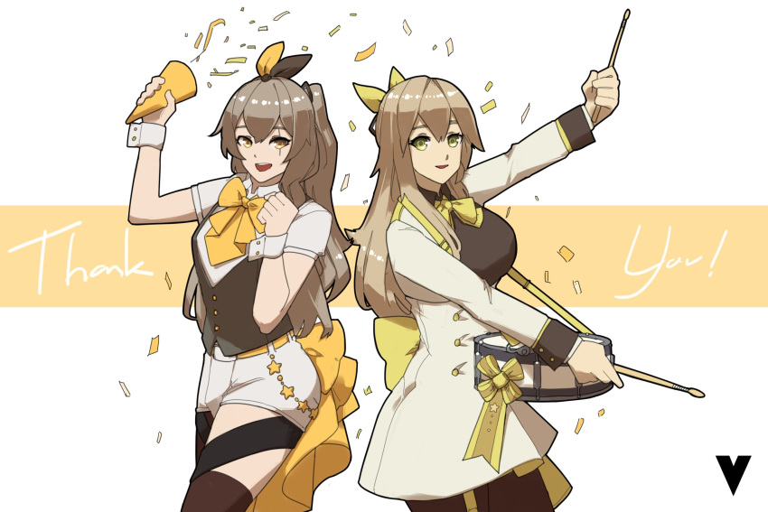 2girls arm_up bangs breasts brown_hair cowboy_shot english_commentary english_text girls_frontline hair_between_eyes hair_ornament hair_ribbon highres holding holding_instrument instrument long_hair long_sleeves looking_at_viewer multiple_girls official_alternate_costume one_side_up open_mouth pantyhose ribbon scar scar_across_eye scar_on_face short_sleeves smile thank_you thigh-highs ump40_(girls'_frontline) ump40_(the_wish-preserving_witch_of_shadows)_(girls'_frontline) ump45_(girls'_frontline) ump45_(the_wish-making_sorceress_of_fireworks)_(girls'_frontline) variasii vest wrist_cuffs yellow_eyes