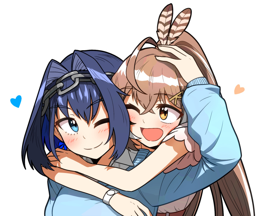 2girls alternate_costume arms_around_neck blue_eyes blue_hair blush brown_hair casual commentary_request ddolbang eyebrows_behind_hair feather_hair_ornament feathers hair_intakes hair_ornament hand_on_another's_head head_chain heart highres hololive hololive_english hug korean_commentary long_hair long_sleeves looking_at_another multiple_girls nanashi_mumei one_eye_closed ouro_kronii ponytail short_hair short_sleeves upper_body virtual_youtuber watch watch white_background yuri