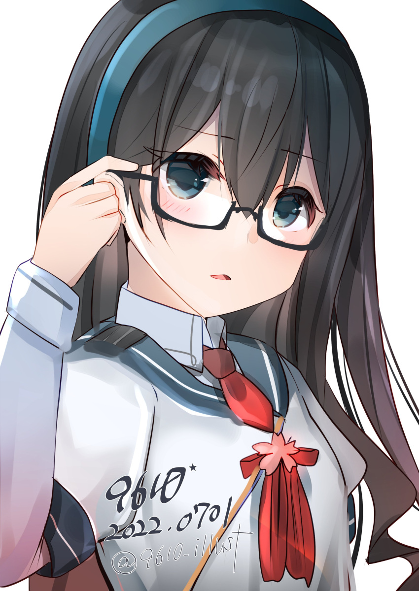 1girl absurdres adjusting_eyewear black_hair blue_sailor_collar eiji_(monochromexd) green_eyes green_hairband hairband highres kantai_collection long_hair necktie one-hour_drawing_challenge ooyodo_(kancolle) red_necktie sailor_collar school_uniform semi-rimless_eyewear serafuku solo tassel under-rim_eyewear upper_body