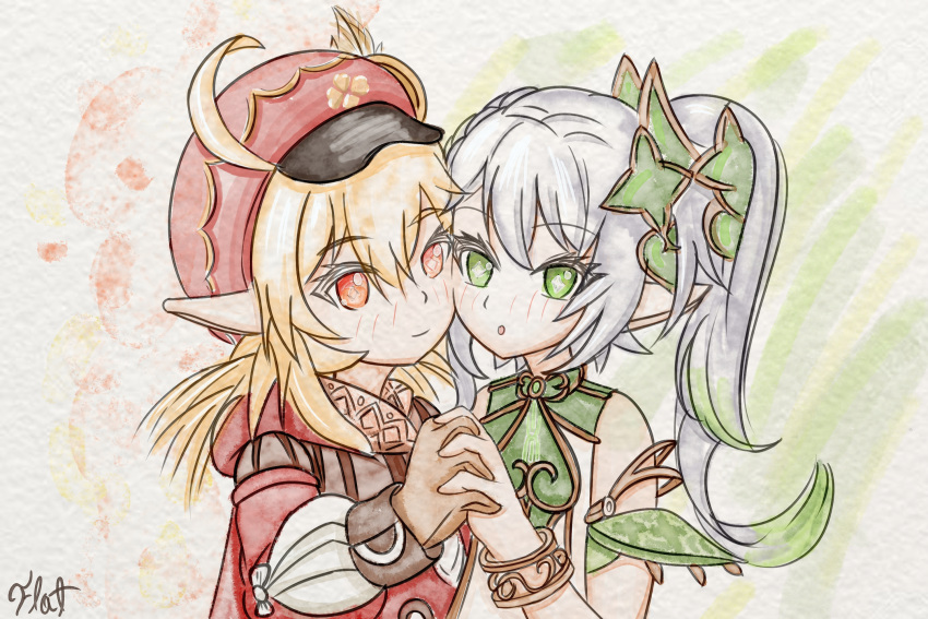 2girls blonde_hair cheek-to-cheek elf flatculture genshin_impact gloves green_eyes grey_hair hat heads_together highres holding_hands klee_(genshin_impact) kusanali_(genshin_impact) loli multiple_girls painting_(medium) pointy_ears red_eyes scarf smile traditional_media watercolor_(medium) yuri