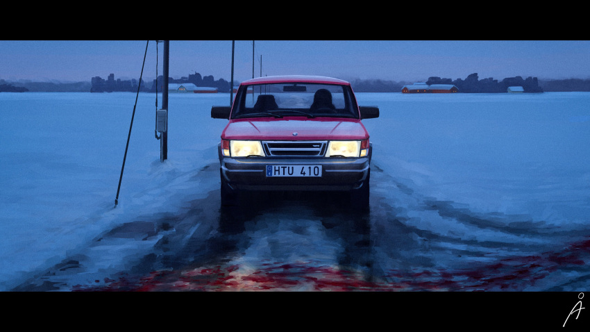 1other absurdres blood blood_splatter building car commentary ground_vehicle headlight highres house letterboxed license_plate motor_vehicle original power_lines rudeko32 scenery snow solo symbol-only_commentary utility_pole vehicle_focus vehicle_request watermark winter