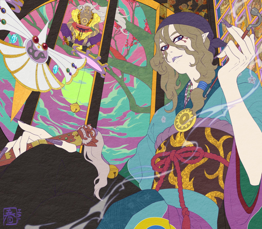 2boys bandaged_leg bandages blonde_hair blue_eyes blue_kimono bodypaint clouds cloudy_sky eyeliner facepaint fangs fingernails full_body full_moon grey_hair hair_between_eyes halu-ca highres holding holding_smoking_pipe holding_sword holding_weapon indoors japanese_clothes kimono kusuriuri_(dark) kusuriuri_(mononoke) long_hair looking_at_viewer low_ponytail makeup male_focus medicine_seller mononoke moon multicolored_clothes multicolored_kimono multiple_boys pale_skin pants pectorals pointy_ears purple_bandana purple_lips purple_nails purple_pants sharp_fingernails sitting sky smoke smoking_pipe solo squatting sword sword_of_exorcism tree upper_body wavy_hair weapon window