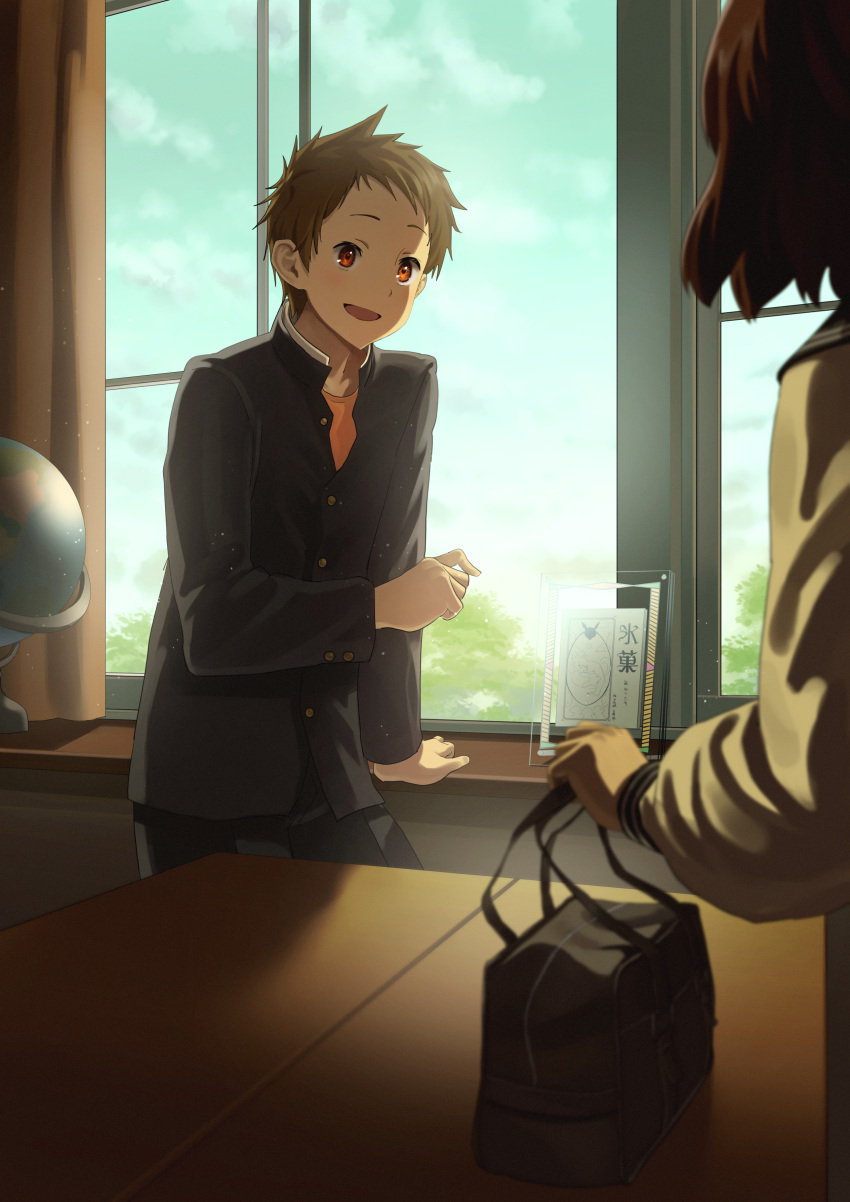 1boy 1girl :d absurdres bag black_jacket black_pants brown_hair classroom day fukube_satoshi highres hyouka ibara_mayaka indoors jacket long_sleeves open_mouth orange_shirt pants red_eyes school_bag school_uniform shirt short_hair smile solo_focus zyaki