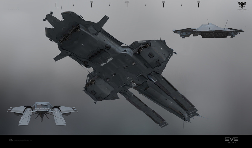 3d caldari_state_(eve_online) commentary concept_art cruiser eve_online gradient gradient_background grey_theme highres logo machinery military military_vehicle multiple_views no_humans photorealistic realistic science_fiction ship sobaku-chiuchiu spacecraft thrusters warship watercraft