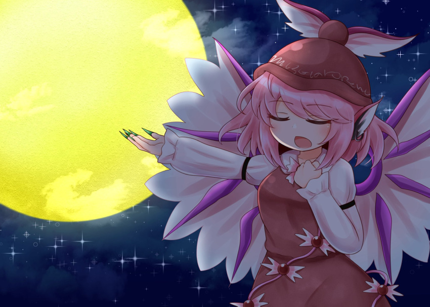 1girl animal_ears bird_ears bird_wings blush brown_dress brown_headwear closed_eyes dress earrings fingernails frilled_sleeves frills full_moon green_nails highres jewelry long_fingernails long_sleeves moon mystia_lorelei nail_polish open_mouth pink_hair riru_neko sharp_fingernails short_hair single_earring solo sparkle touhou white_wings winged_hat wings