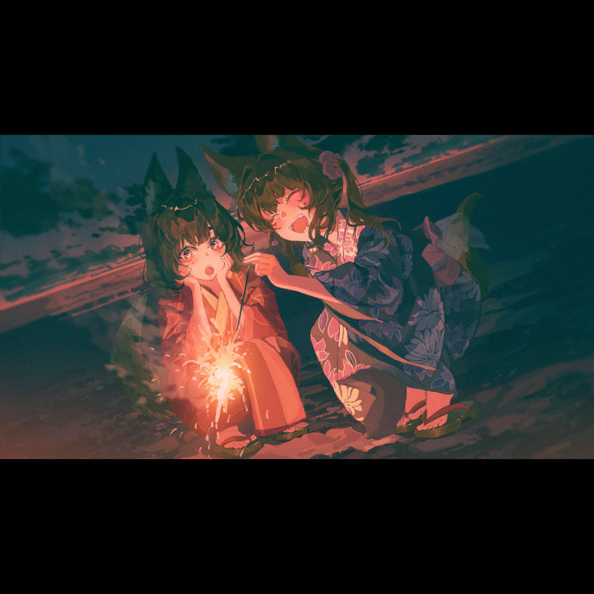2girls :d :o animal_ear_fluff animal_ears bangs beach brown_hair closed_eyes clouds facial_mark fireworks floral_print fox_ears fox_girl fox_tail full_body hand_up hands_on_own_cheeks hands_on_own_face hands_up highres holding_fireworks japanese_clothes kimono long_hair looking_at_object luc_(user_xzsx2472) medium_hair multiple_girls night original outdoors red_eyes red_kimono senkou_hanabi shiny shiny_hair sidelocks smile sparkler squatting tail toes twilight two_side_up whisker_markings yukata